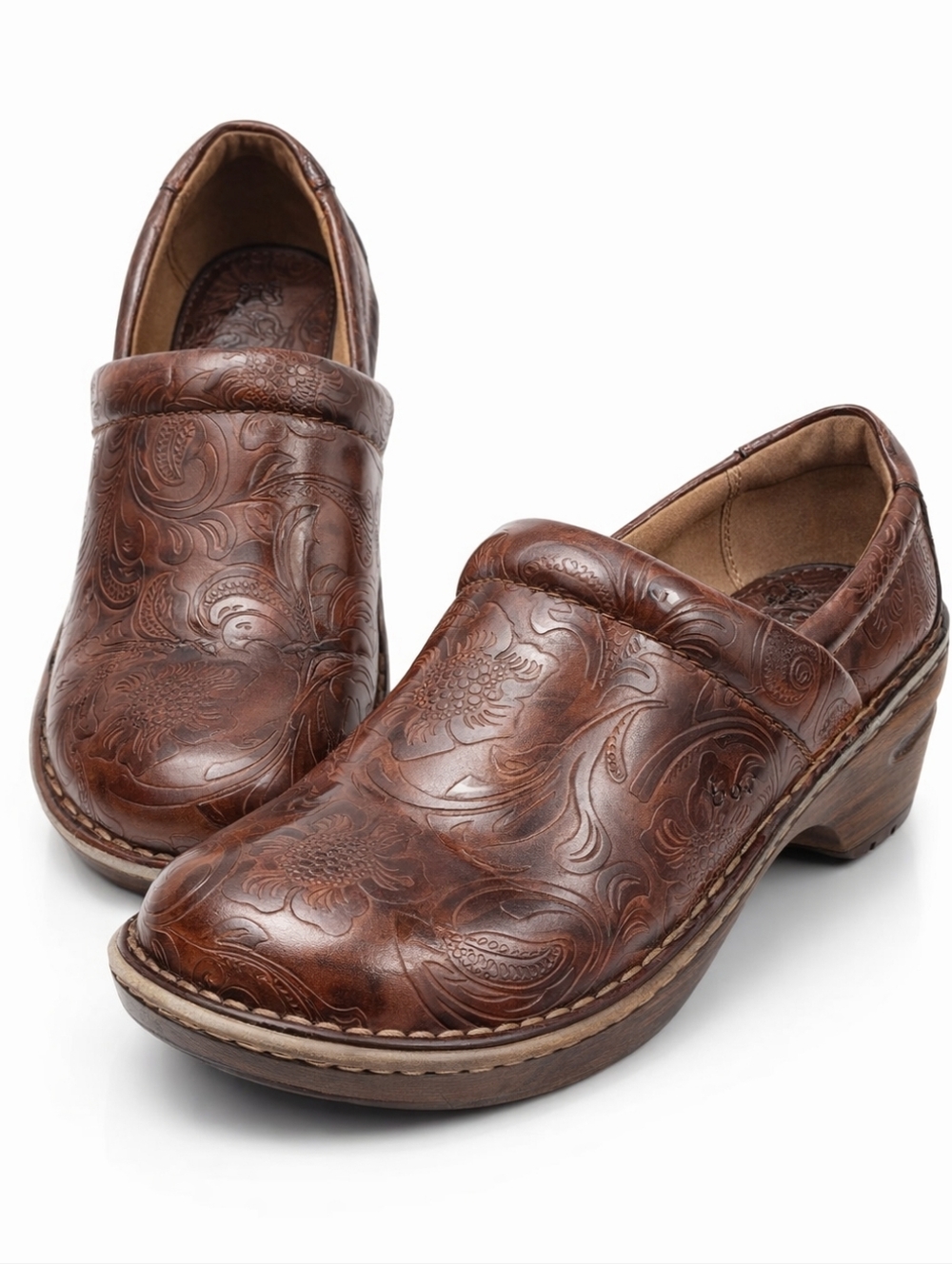 BOC Born Concept Peggy Brown Tooled Leather Comfort Slip On Clogs Size 9